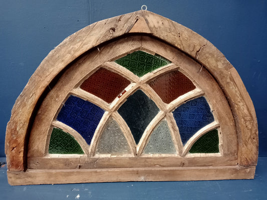 18th C. Arched Cottage fanlight with coloured glass and curved  lattice bars