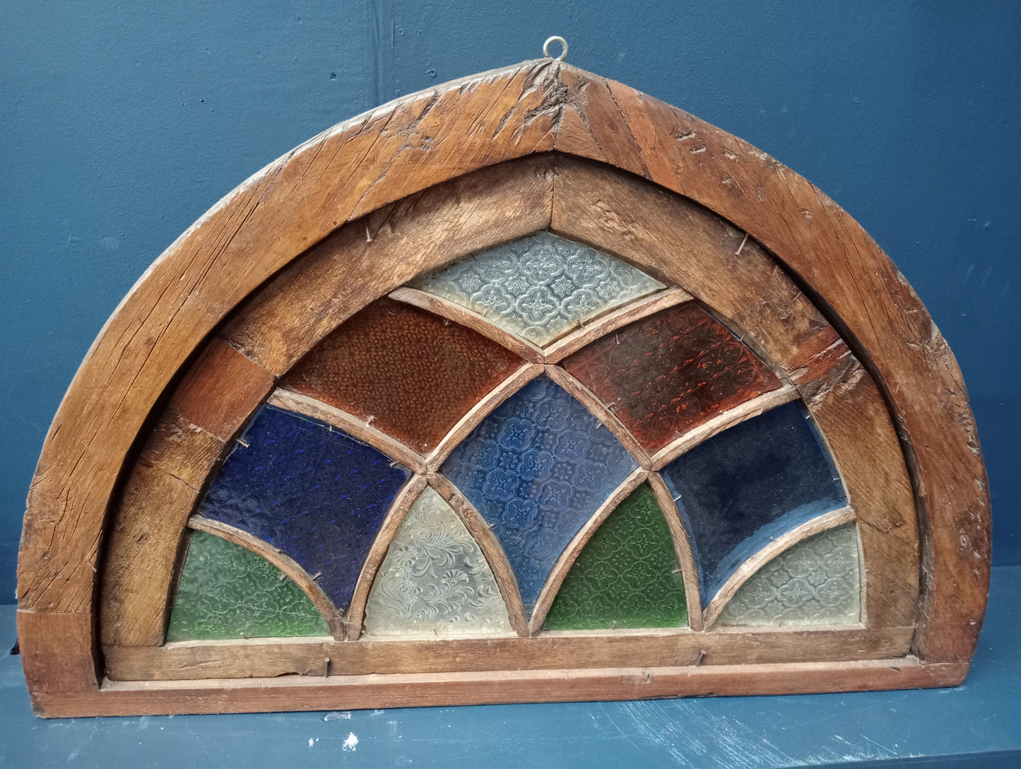 18th C. Arched Cottage fanlight with coloured glass and curved lattice bars