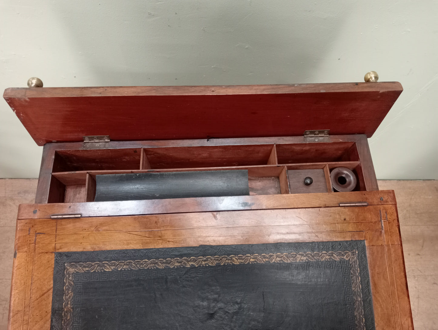19th C Davanport desk with brass rail with brown leather