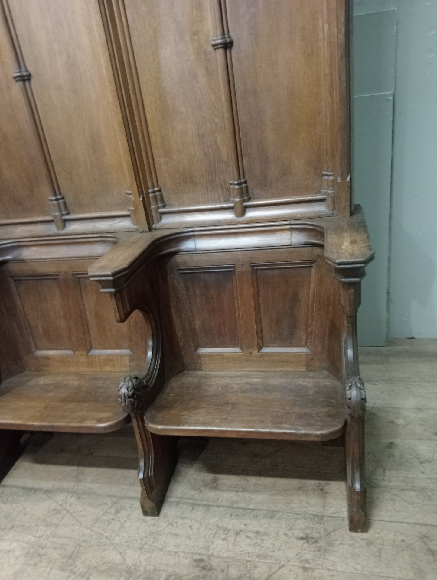 19th C Oak 3 seater hall bench -pew in gothic style - choir seats choir sedila church pew in 2 parts
