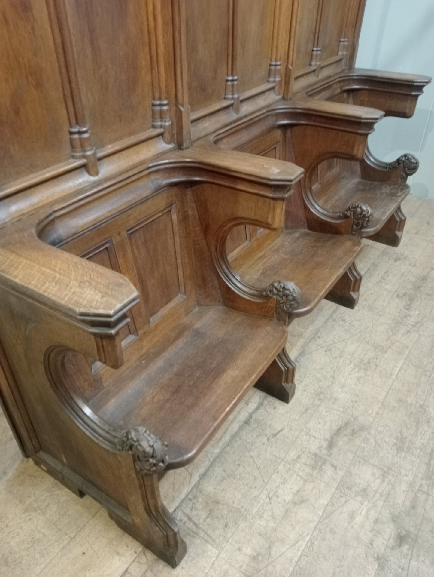 19th C Oak 3 seater hall bench -pew in gothic style - choir seats choir sedila church pew in 2 parts