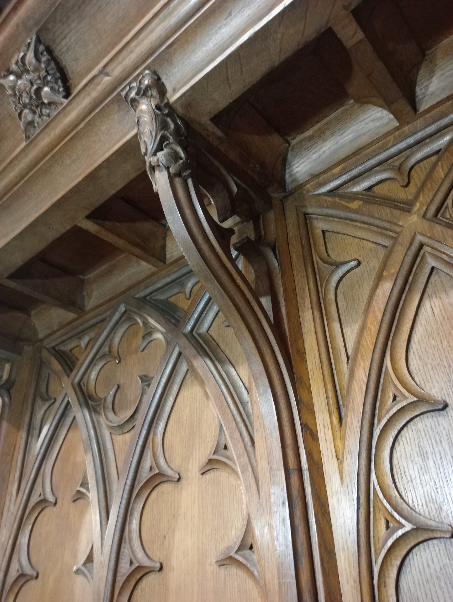 19th C Oak 3 seater hall bench -pew in gothic style - choir seats choir sedila church pew in 2 parts