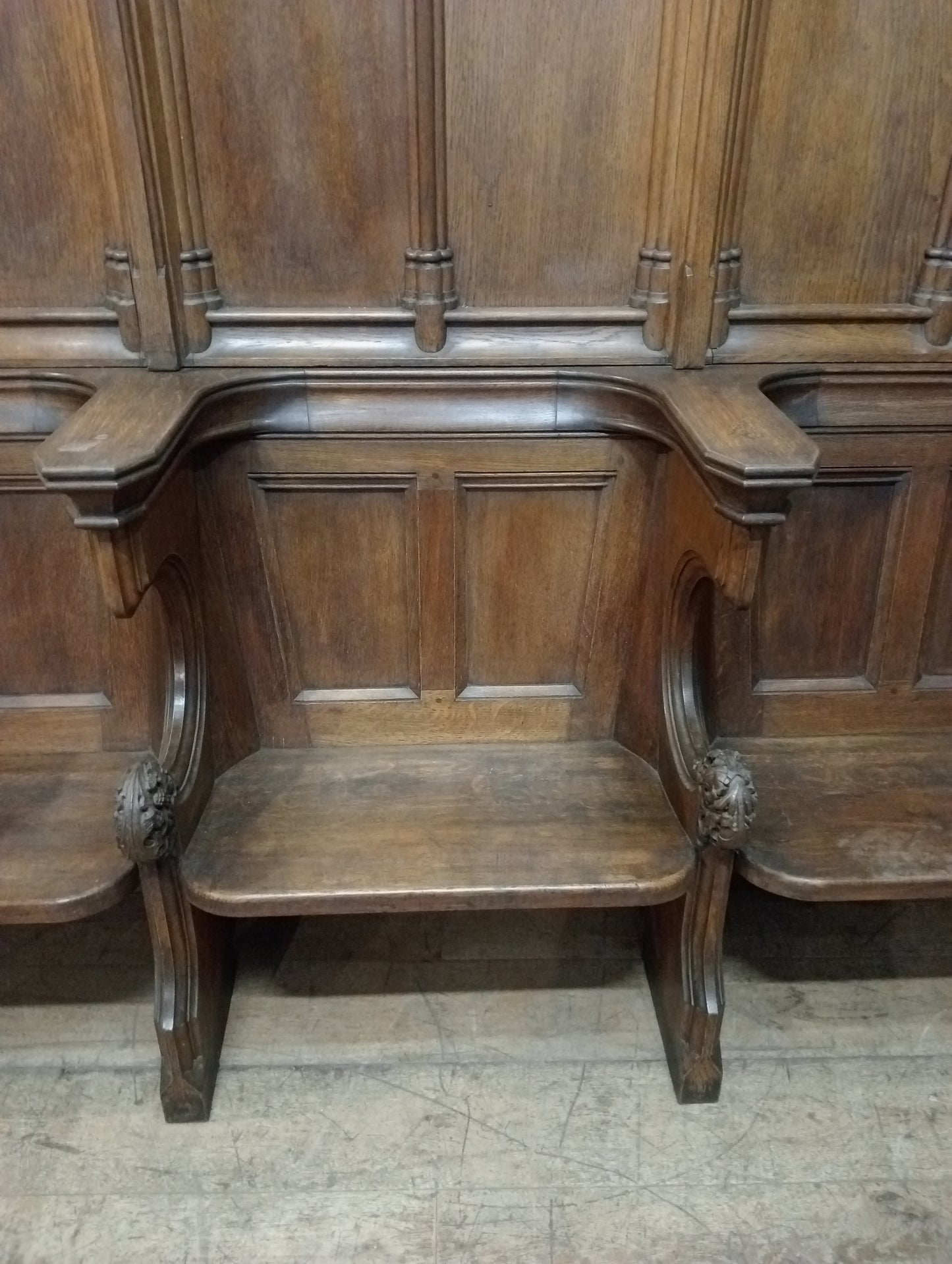 19th C Oak 3 seater hall bench -pew in gothic style - choir seats choir sedila church pew in 2 parts