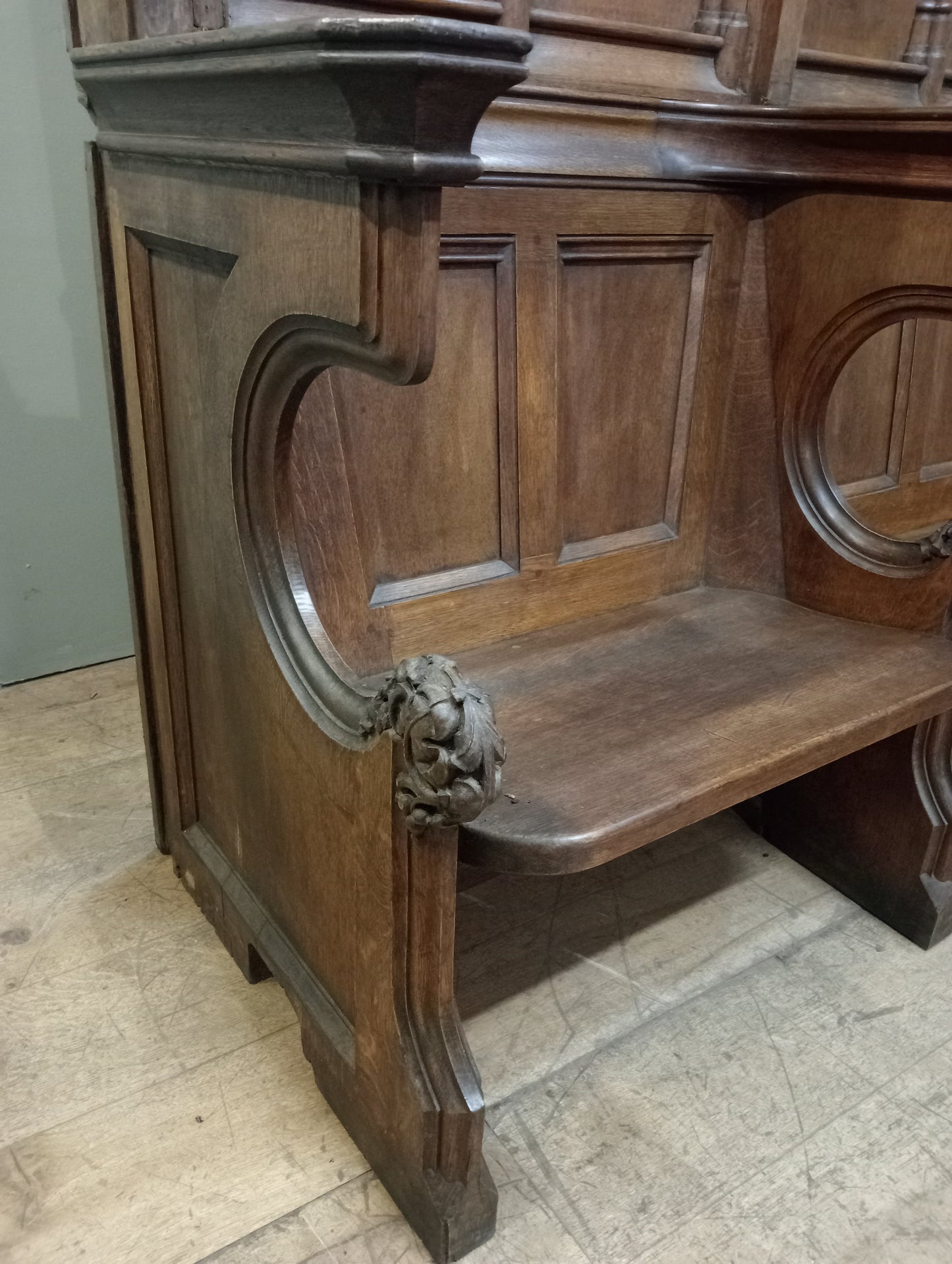 19th C Oak 3 seater hall bench -pew in gothic style - choir seats choir sedila church pew in 2 parts
