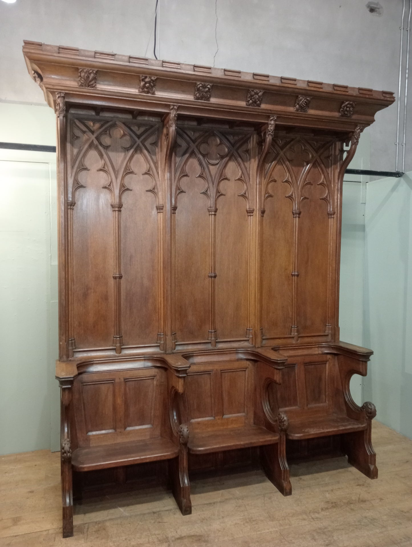 19th C Oak 3 seater hall bench -pew in gothic style - choir seats choir sedila church pew in 2 parts