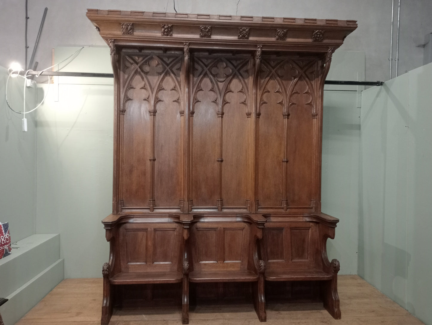 19th C Oak 3 seater hall bench -pew in gothic style - choir seats choir sedila church pew in 2 parts