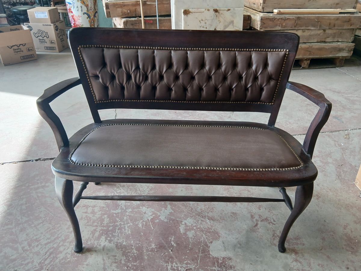 Two-Seater Deep-Buttoned Leather Bench