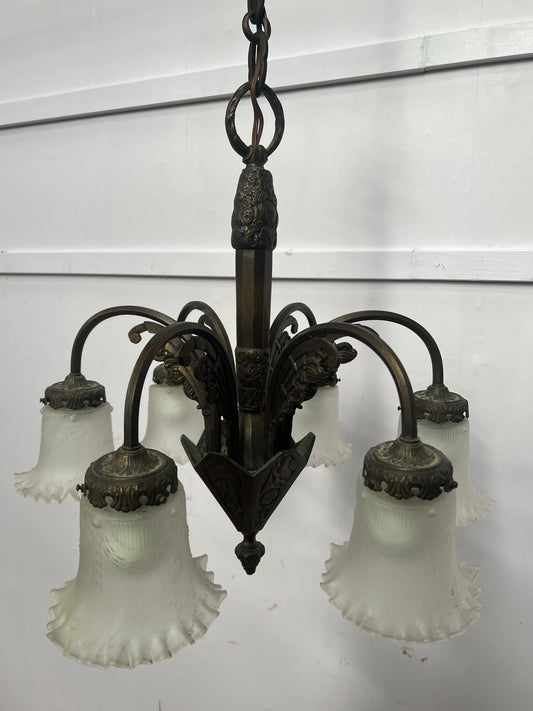 6 Light bronze chandlier with frosted fluted shades