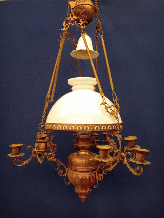 Brass 3 branch chandelier candle holder wired for electric with pulley