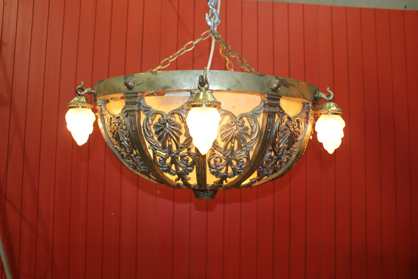 Brass and opaque glass centre light with six flame droplets