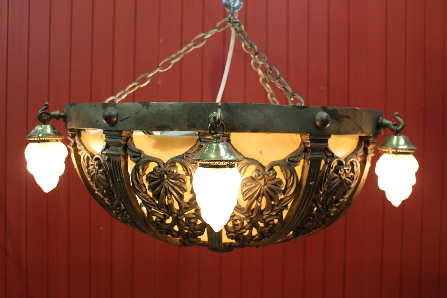 Brass and opaque glass centre light with six flame droplets