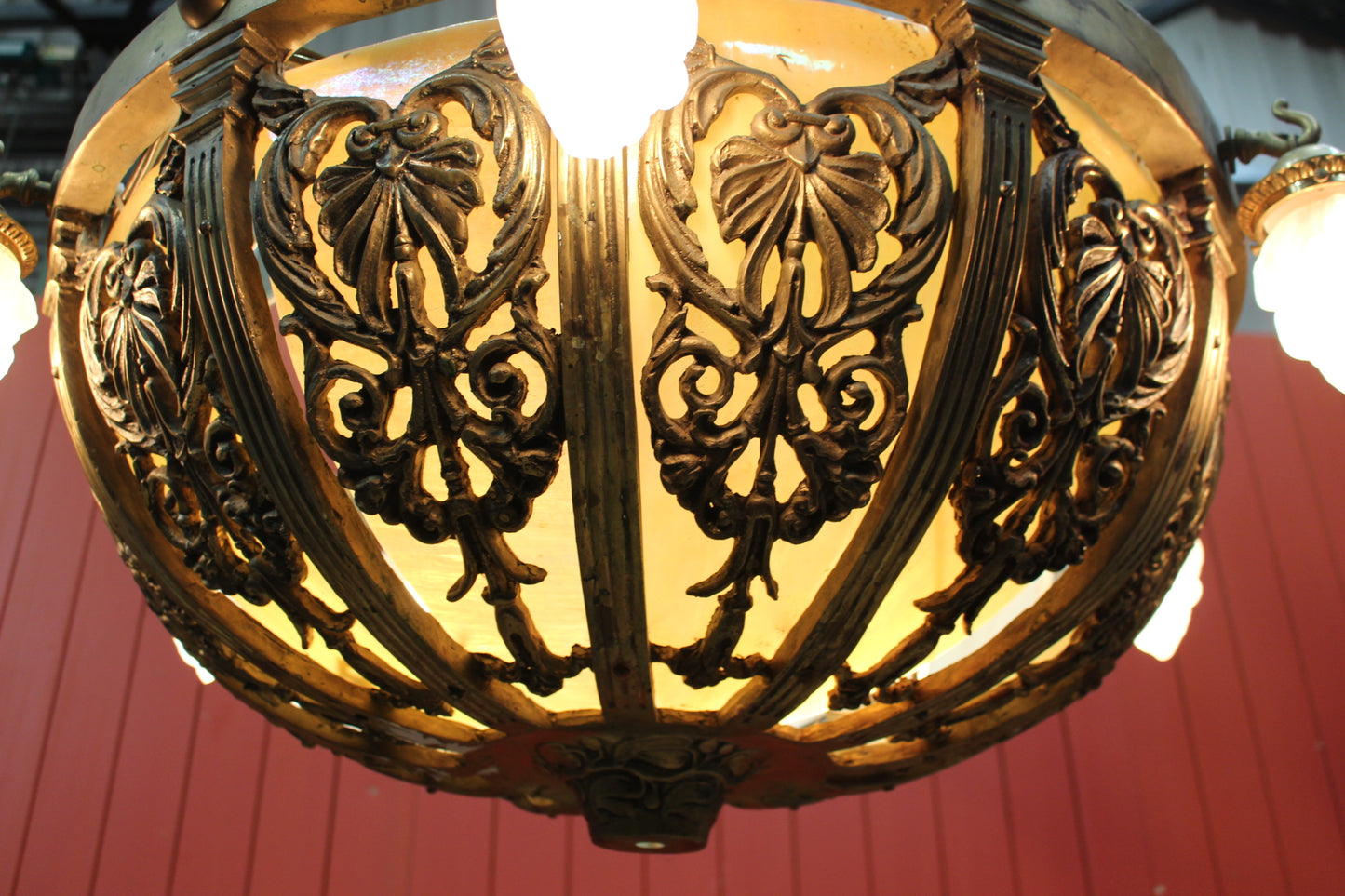 Brass and opaque glass centre light with six flame droplets