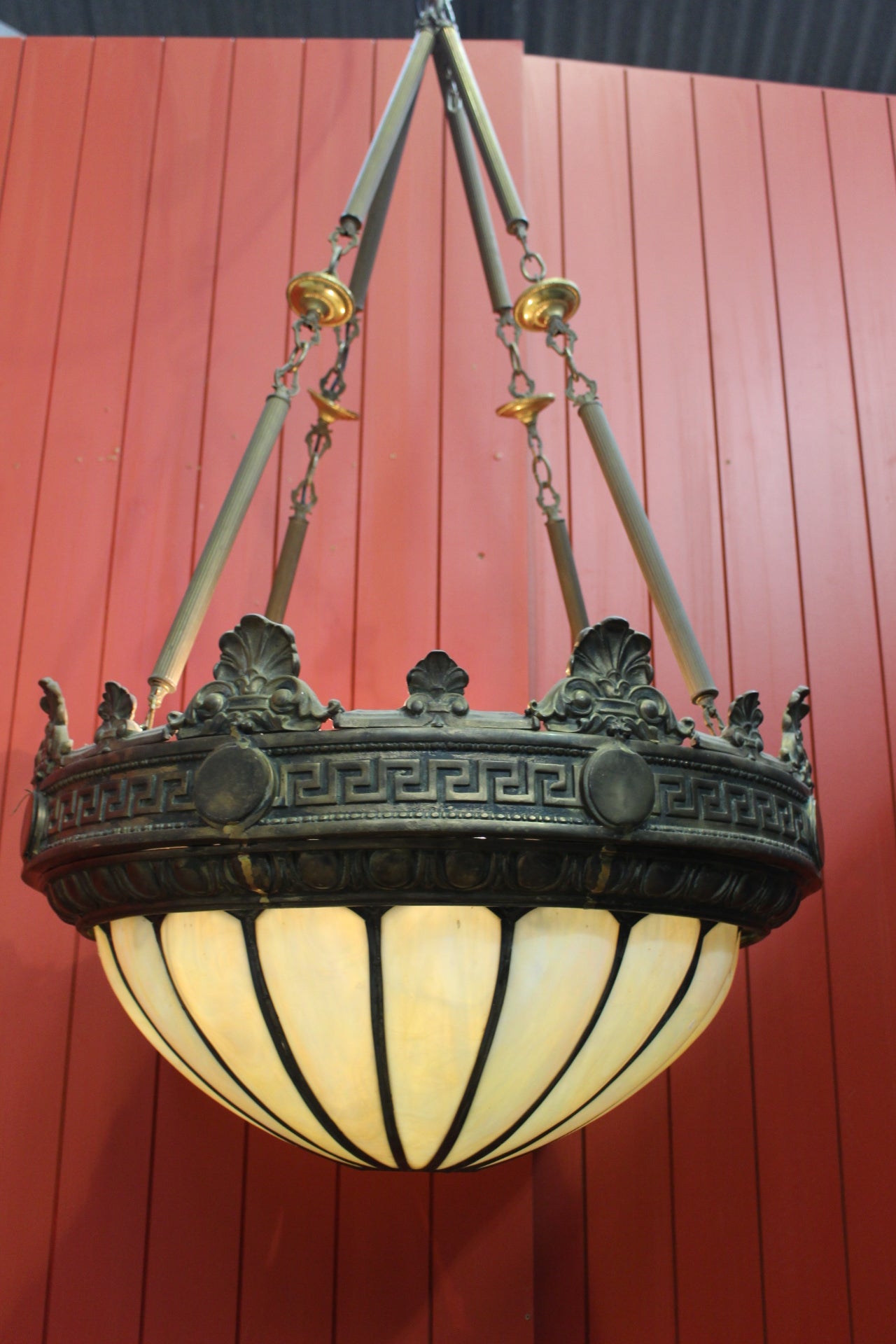 Brass hanging ceiling light with cream opaline glass panels