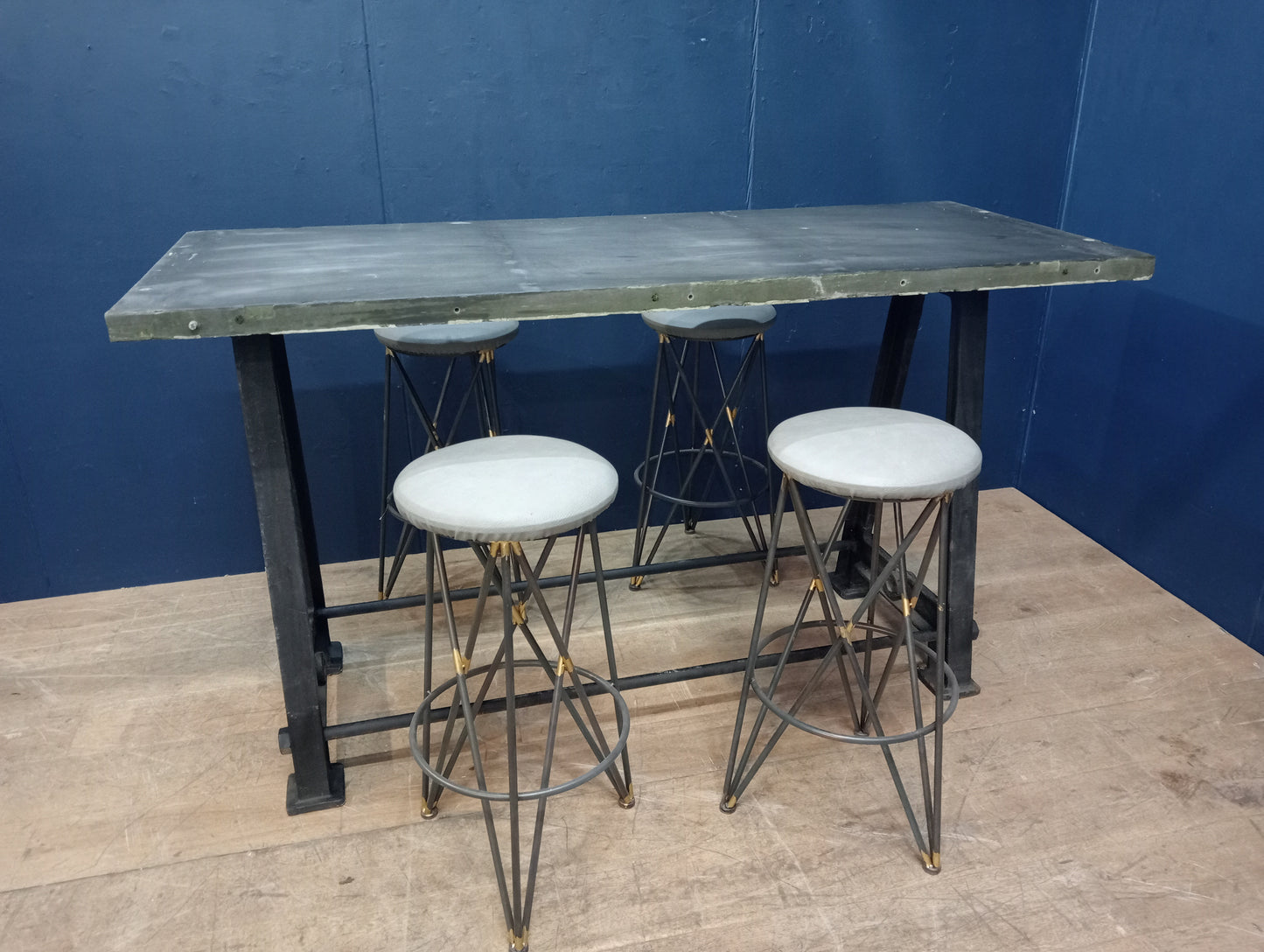 Cast iron machine style drinkstand table with solid slate top
