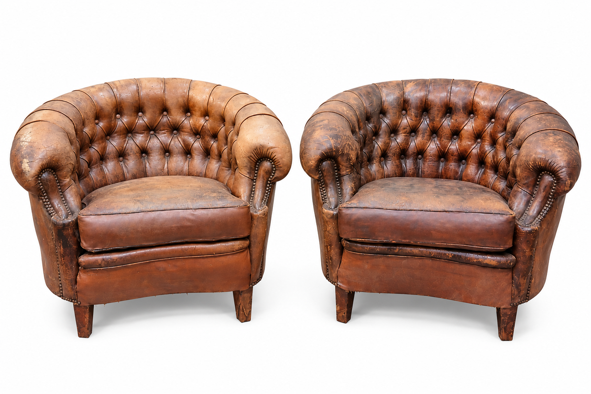 Pair of Italian Distressed Leather Deep-Button Club Chairs, Circa 1900s