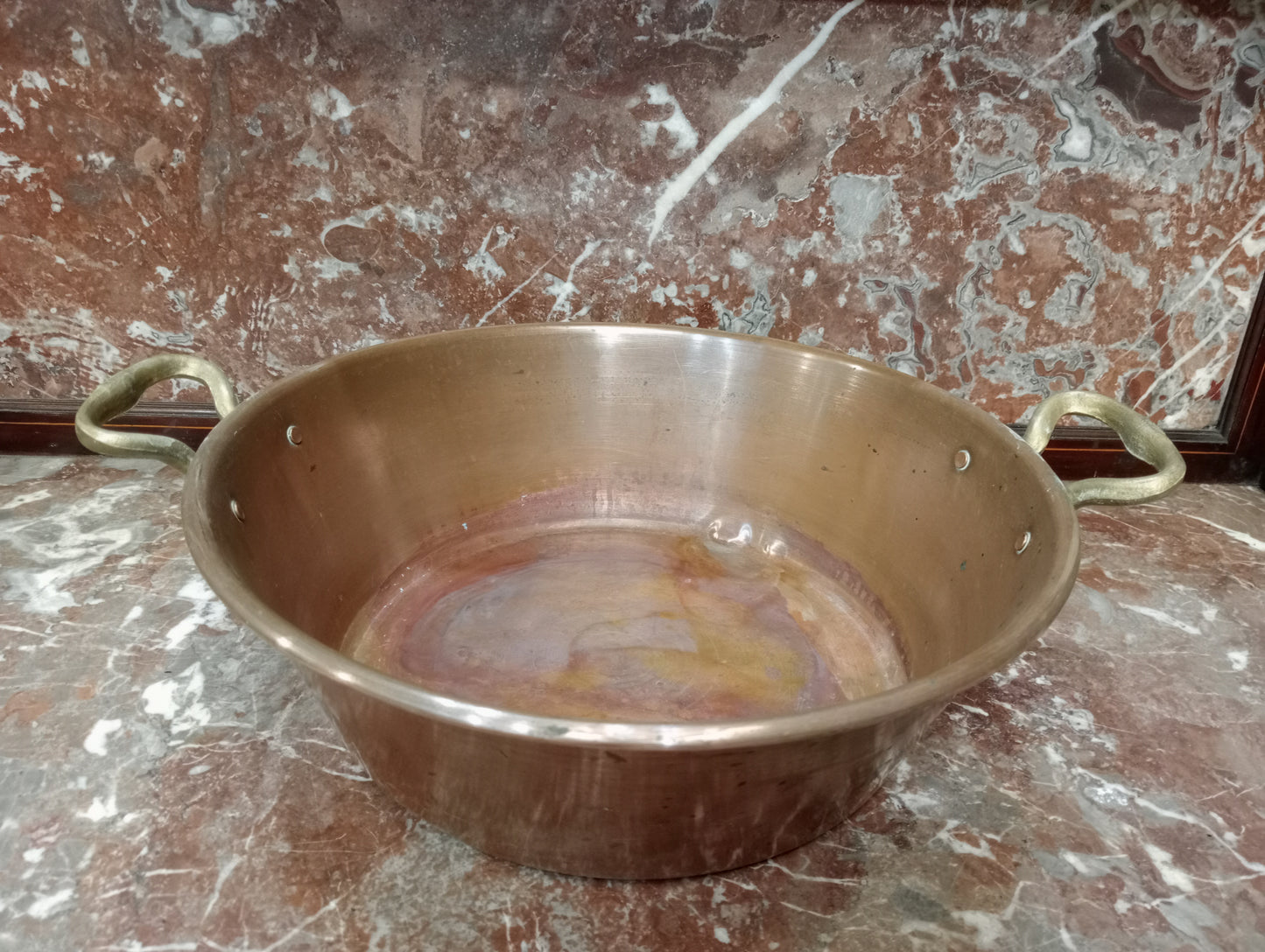 Copper and brass preserve pan 19th C with riveted brass handles