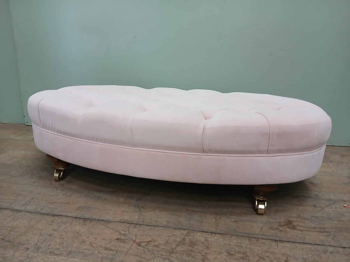 Deep-Buttoned Chesterfield-Style Oval Ottoman / Footstool on Brass Castors