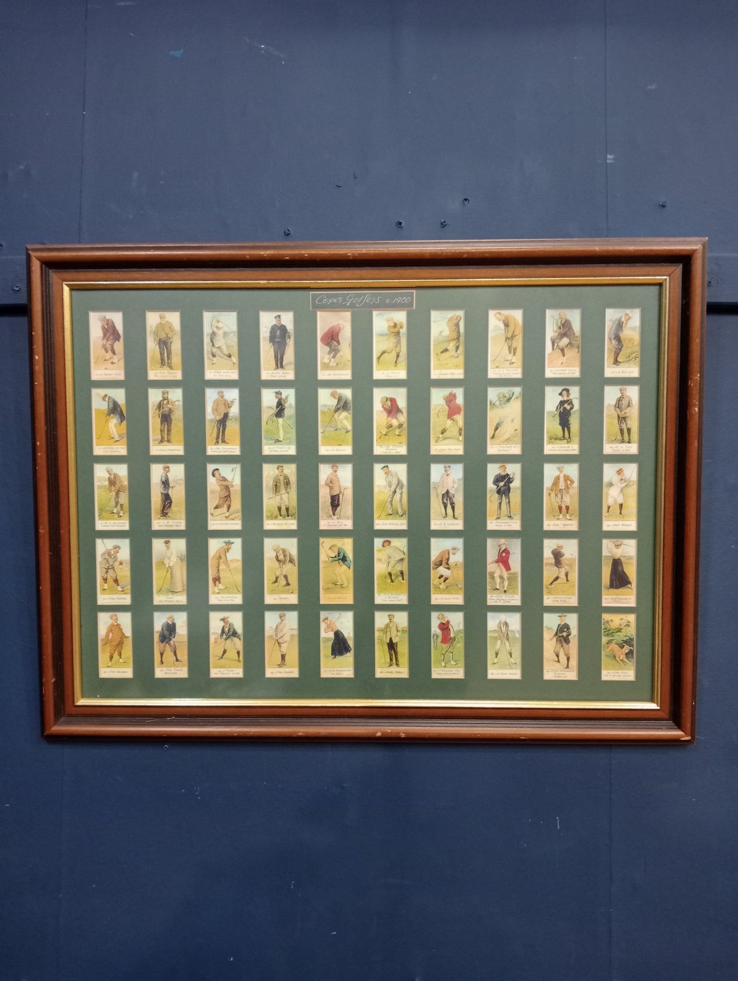Framed lot of Copes golfer smokers cards C. 1900