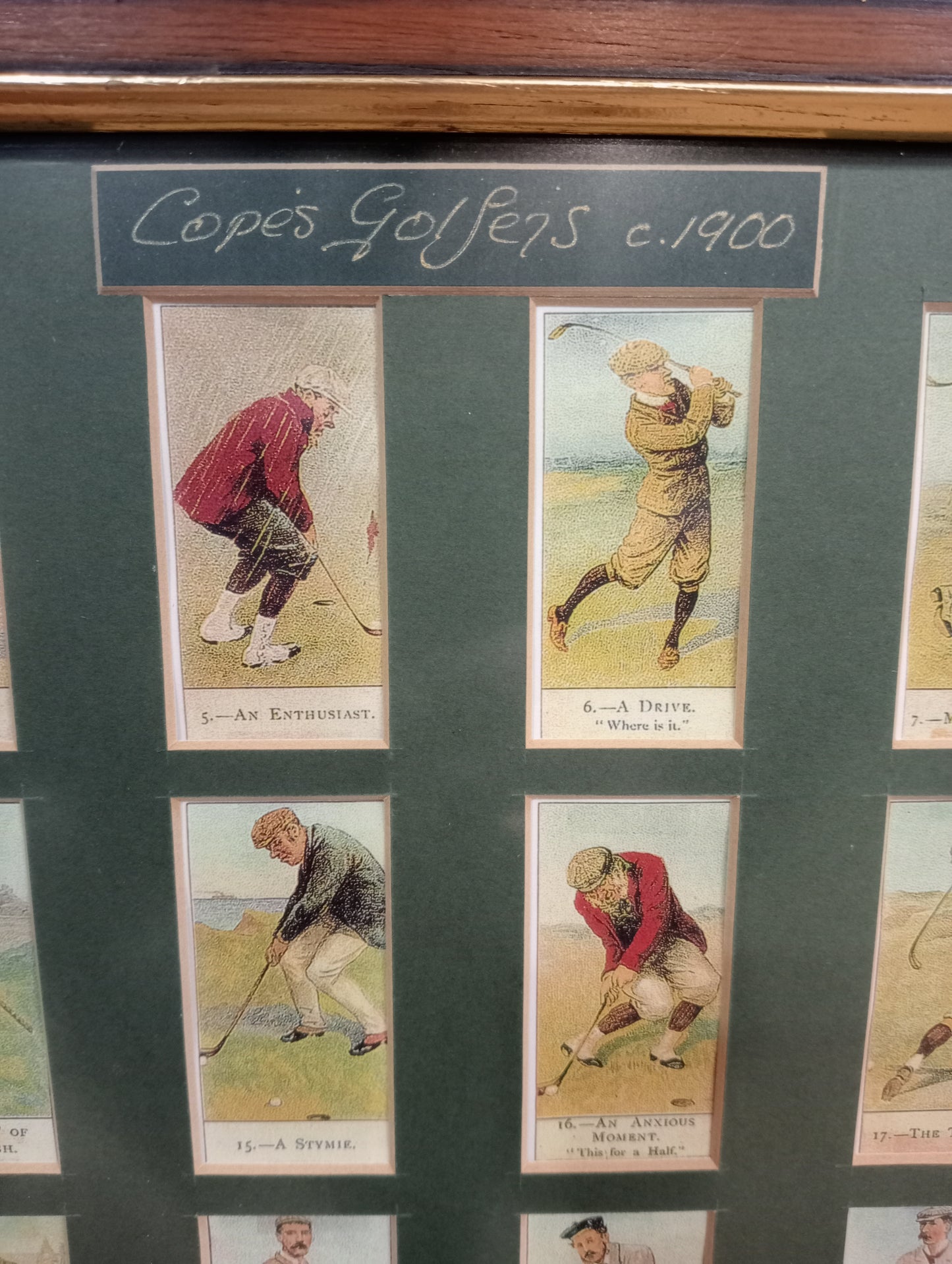 Framed lot of Copes golfer smokers cards C. 1900