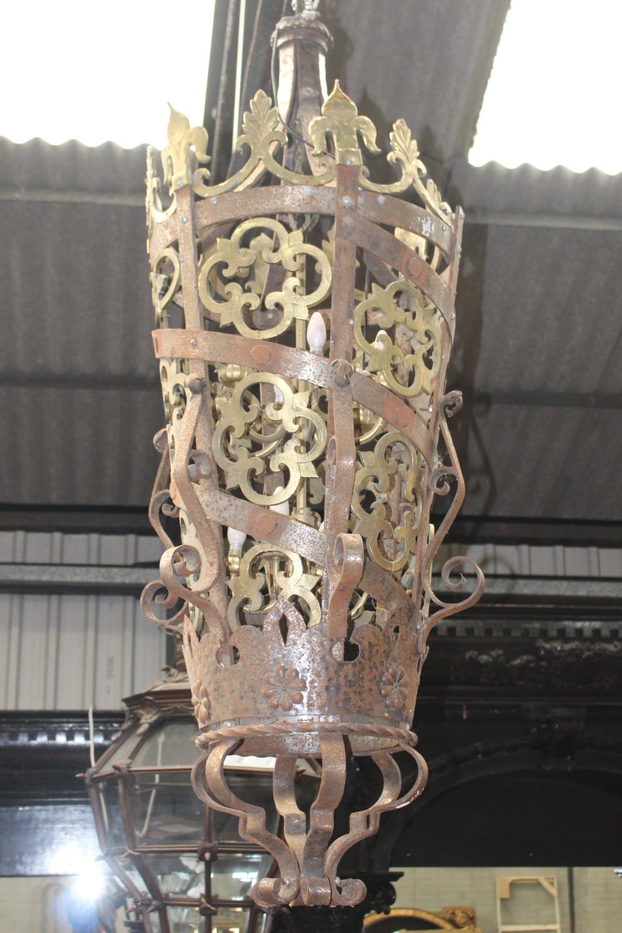 Good quality brass and wrought iron lantern in the gothic manner