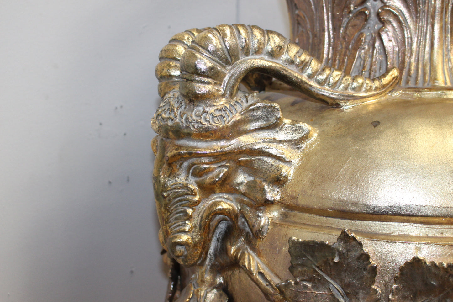 Handmade Ceccarelli gold Italian ceramic urn on base decorated with grapes and rams head
