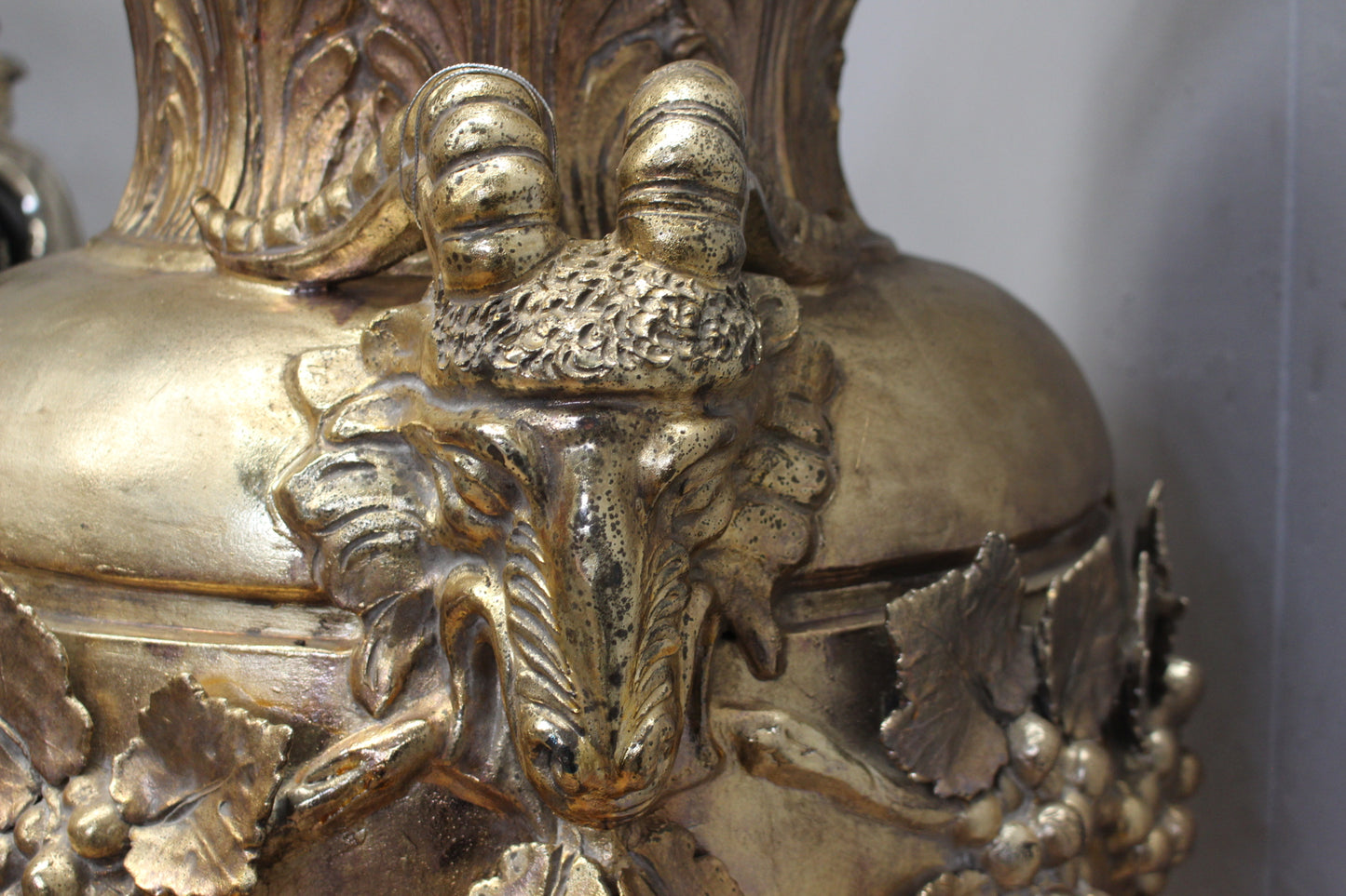 Handmade Ceccarelli gold Italian ceramic urn on base decorated with grapes and rams head