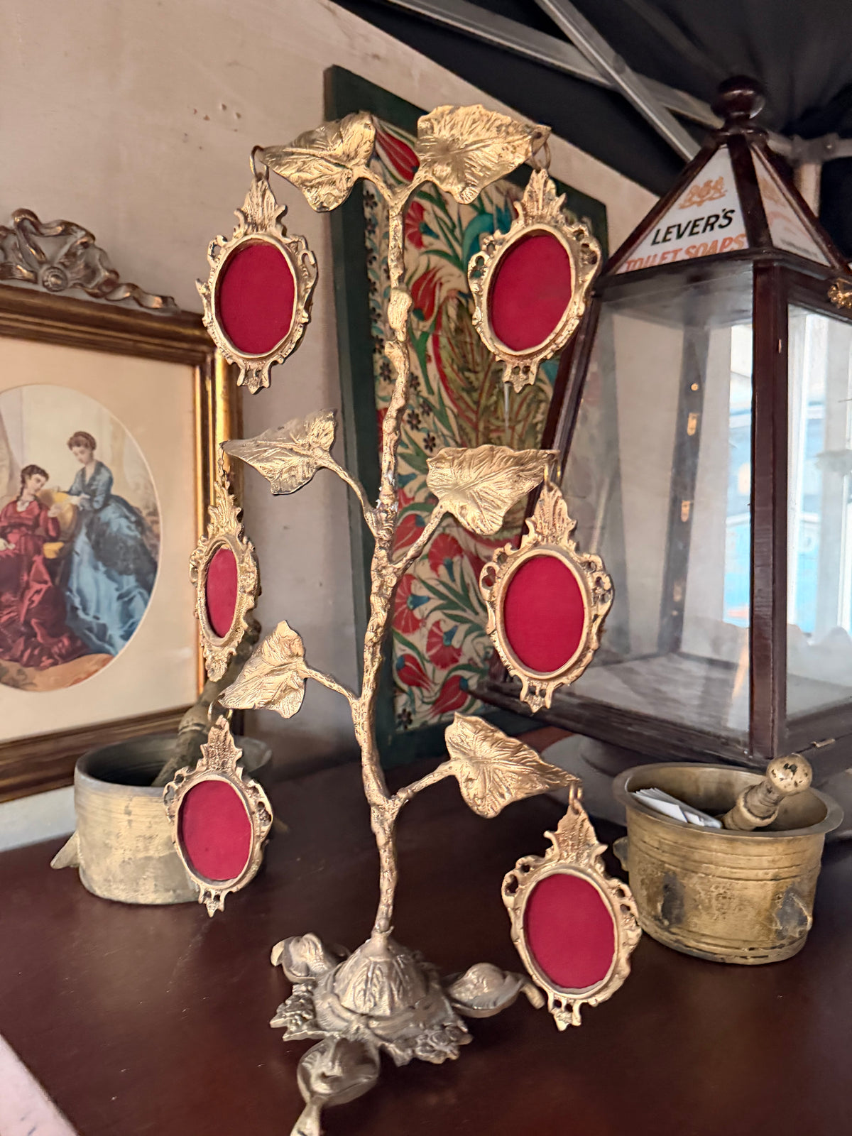 Vintage Gilt Metal Tree Photograph Frame with Six Oval Apertures