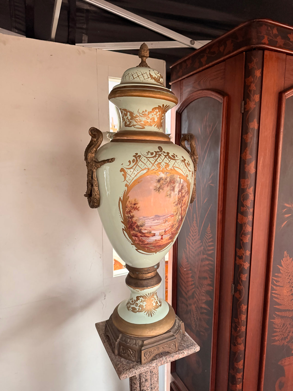 Pair of Large Sèvres-Style Porcelain Urns with Covers & Gilt Mounts