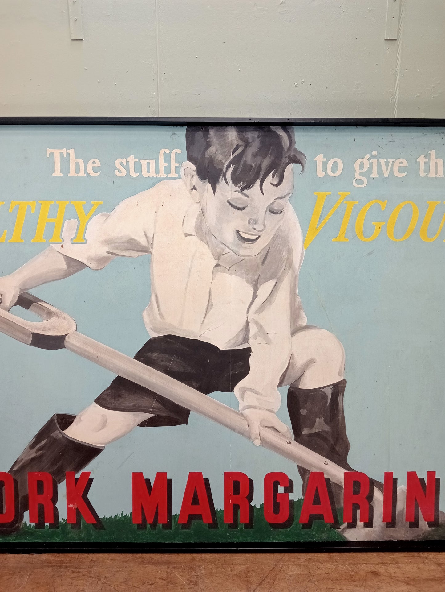 Large Vintage mid century advertising painting Stork Margarite- The stuff to give them healthy Vigour