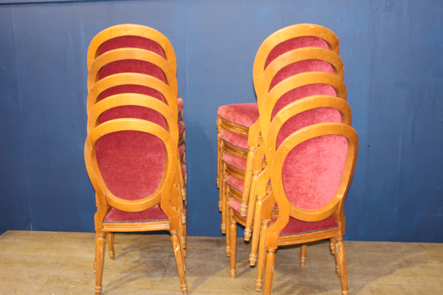 Lot of 10 upholstered Round back Louie wooden stacking function chairs