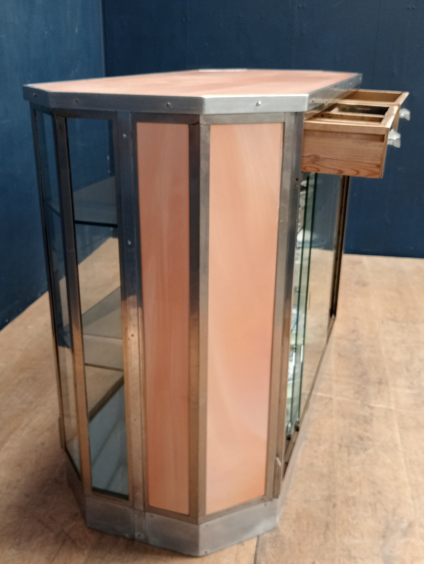 Mirrored double sided glazed art deco display shop cabinet