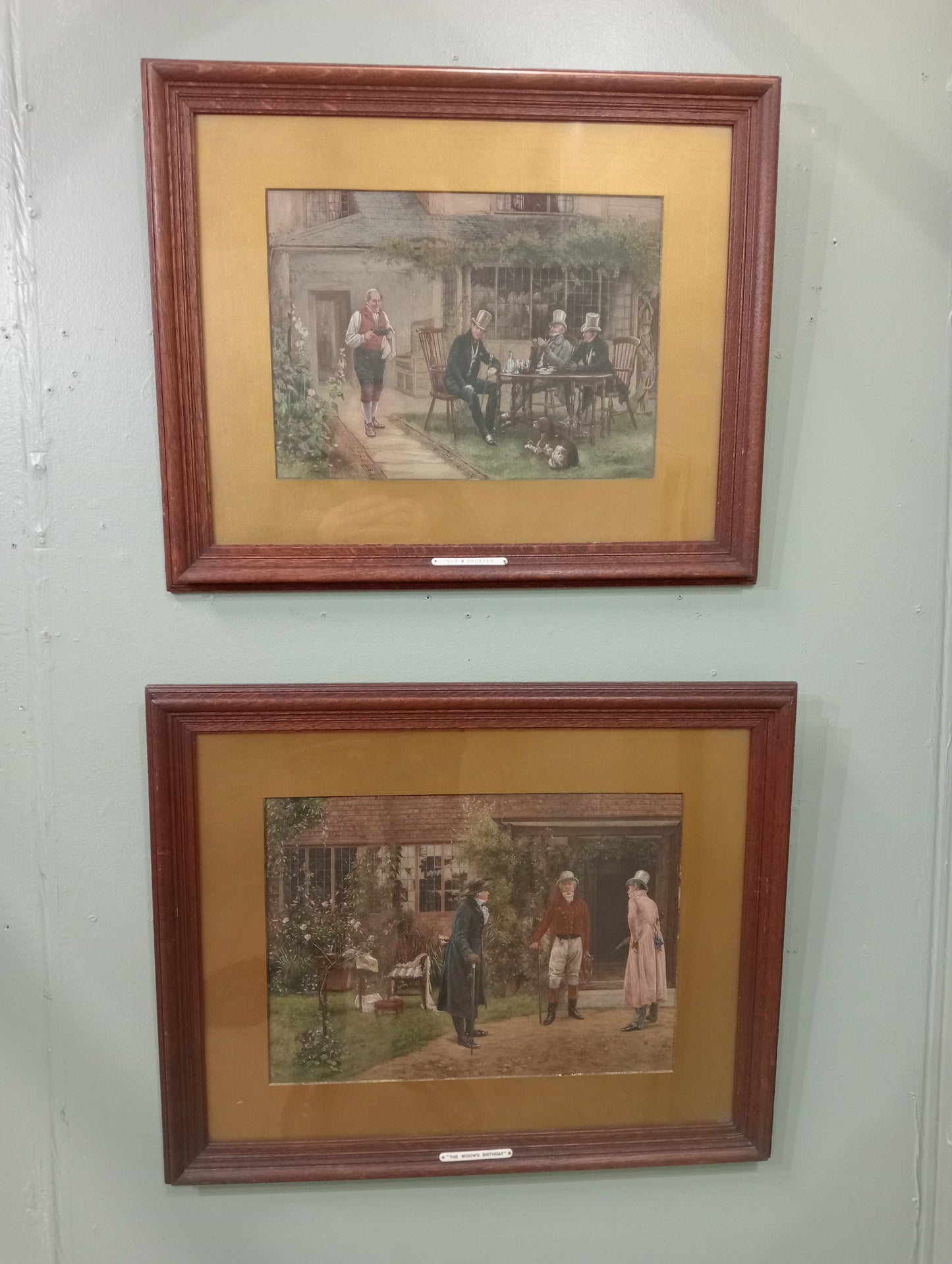 Oak framed Walter Dendy Sadler 1854-1923 coloured etchings 'The widows birthday' and 'Old & crusted'