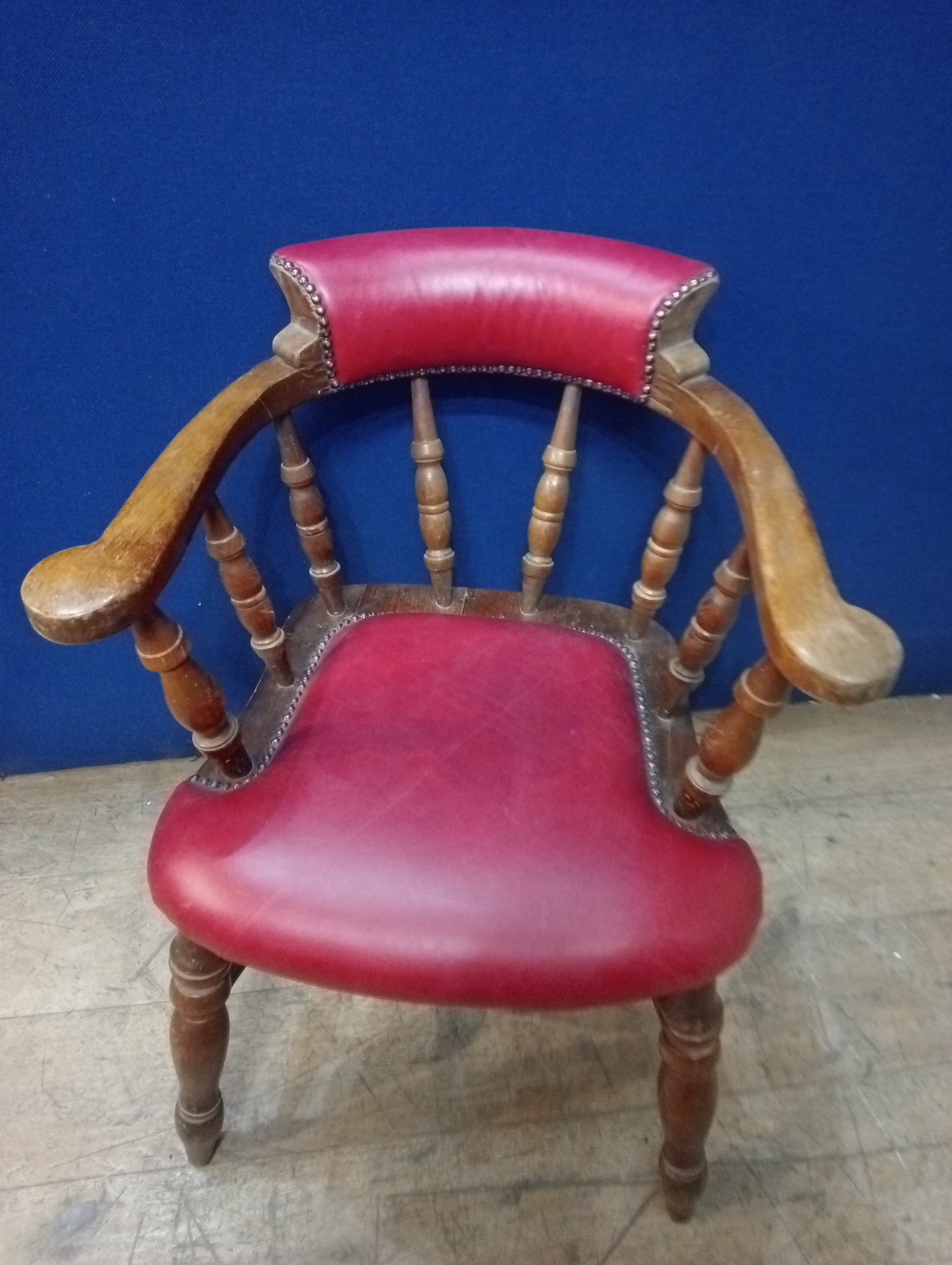 Oak smokers bow chair red antique leather