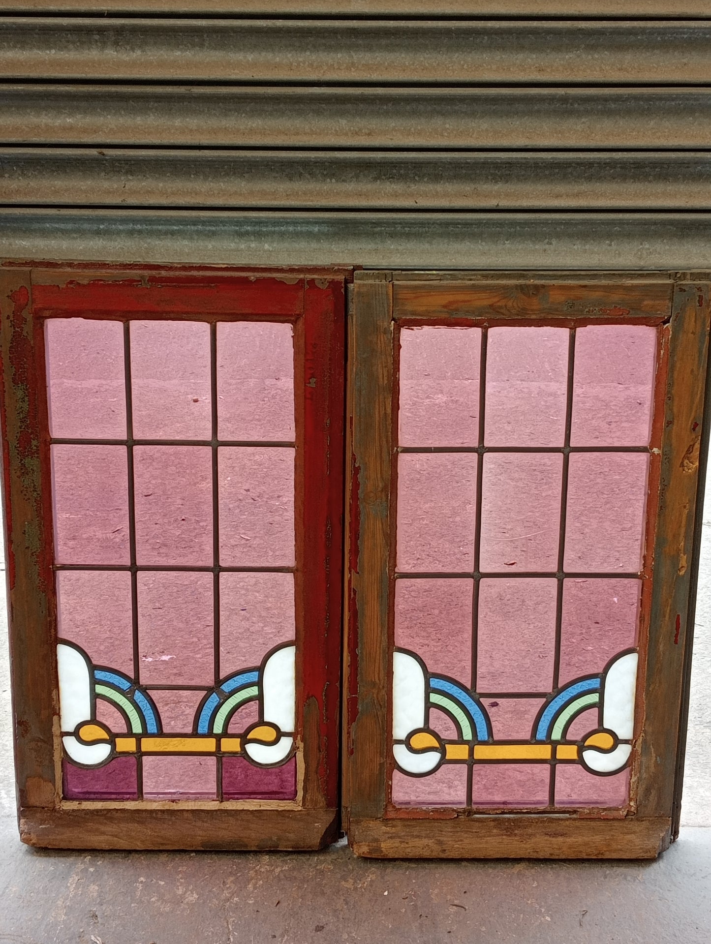 Pair of art deco stain glass leaded windows