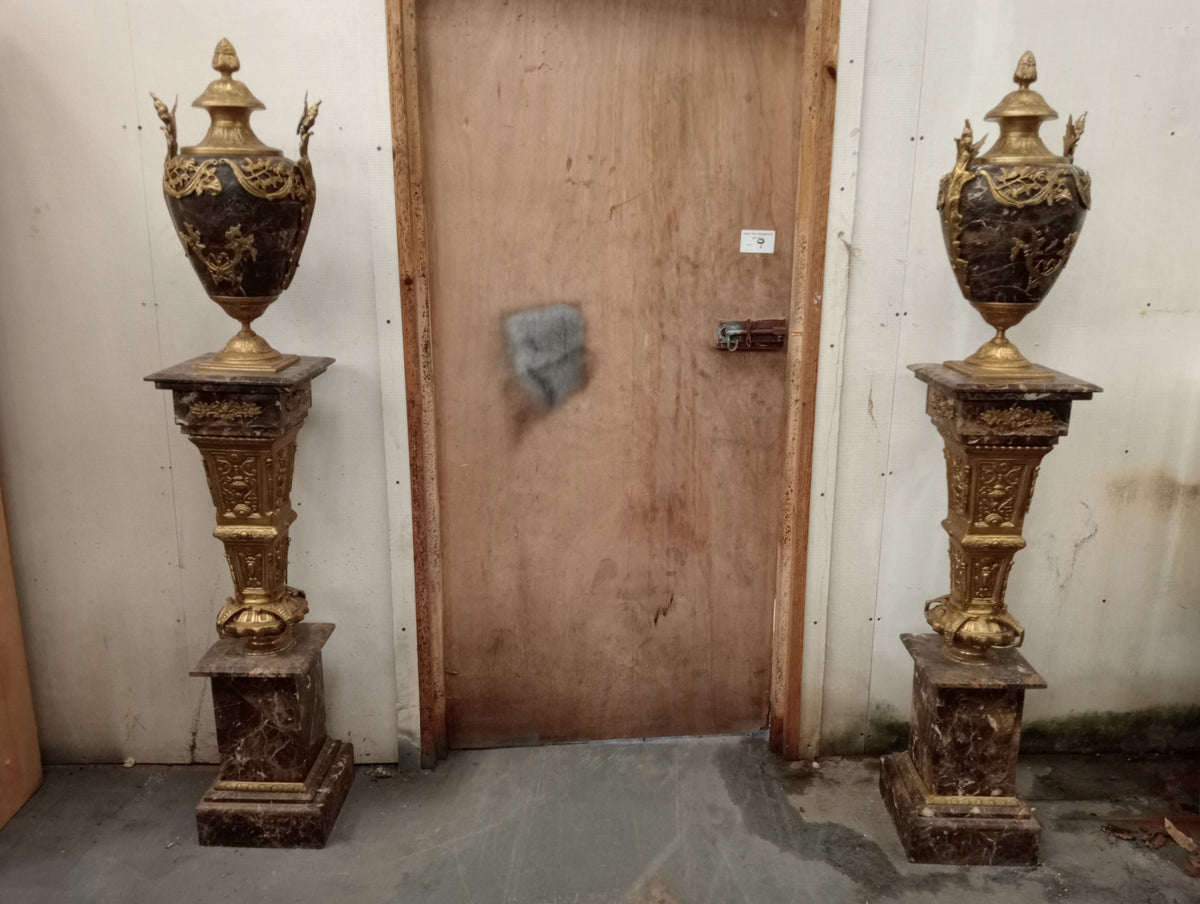 Pair of Baroque-Style Marble Urns on Matching Marble Pedestals