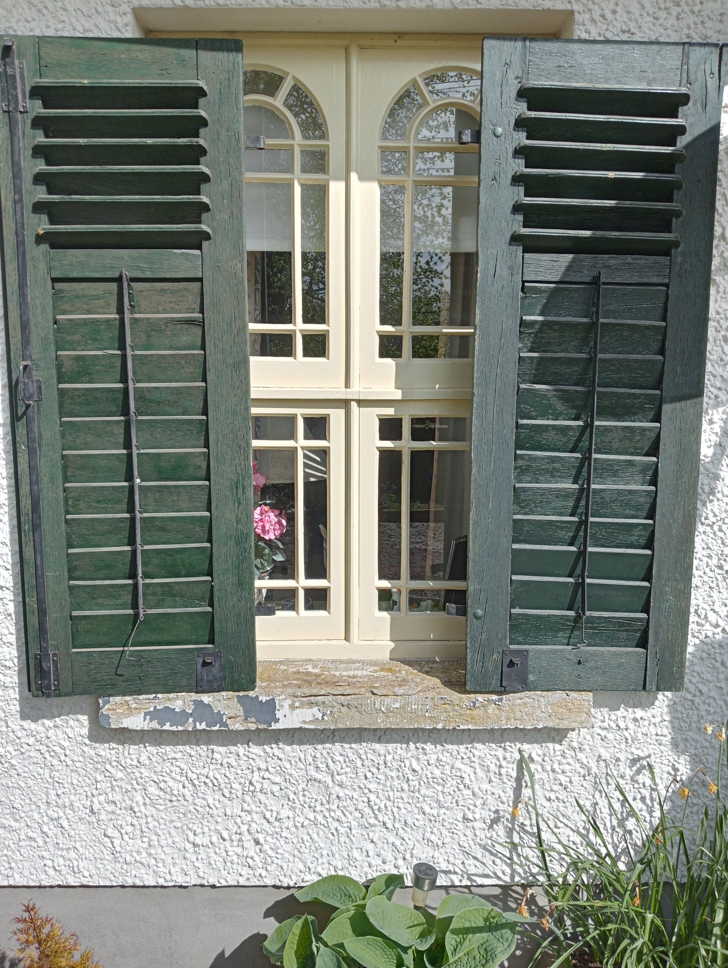 Pair of french style green louvred window shutters
