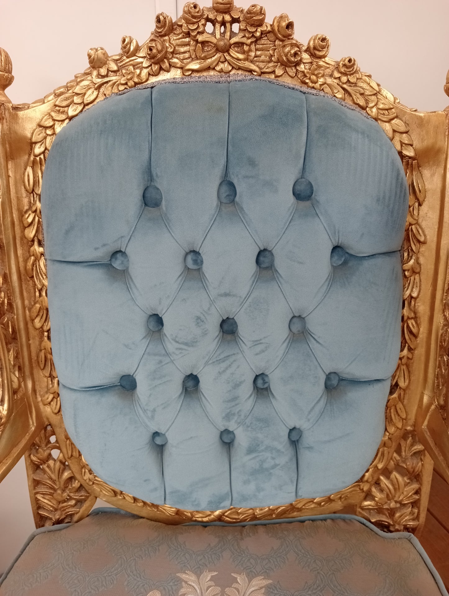 Pair of giltwood French style armchairs deep button floral design blue velvet fabric