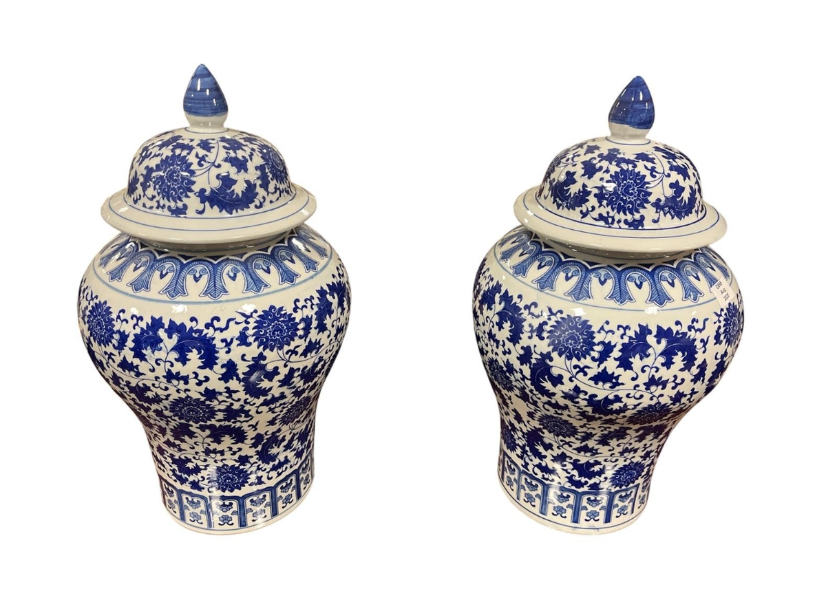 Pair of Blue and White Ceramic Urns
