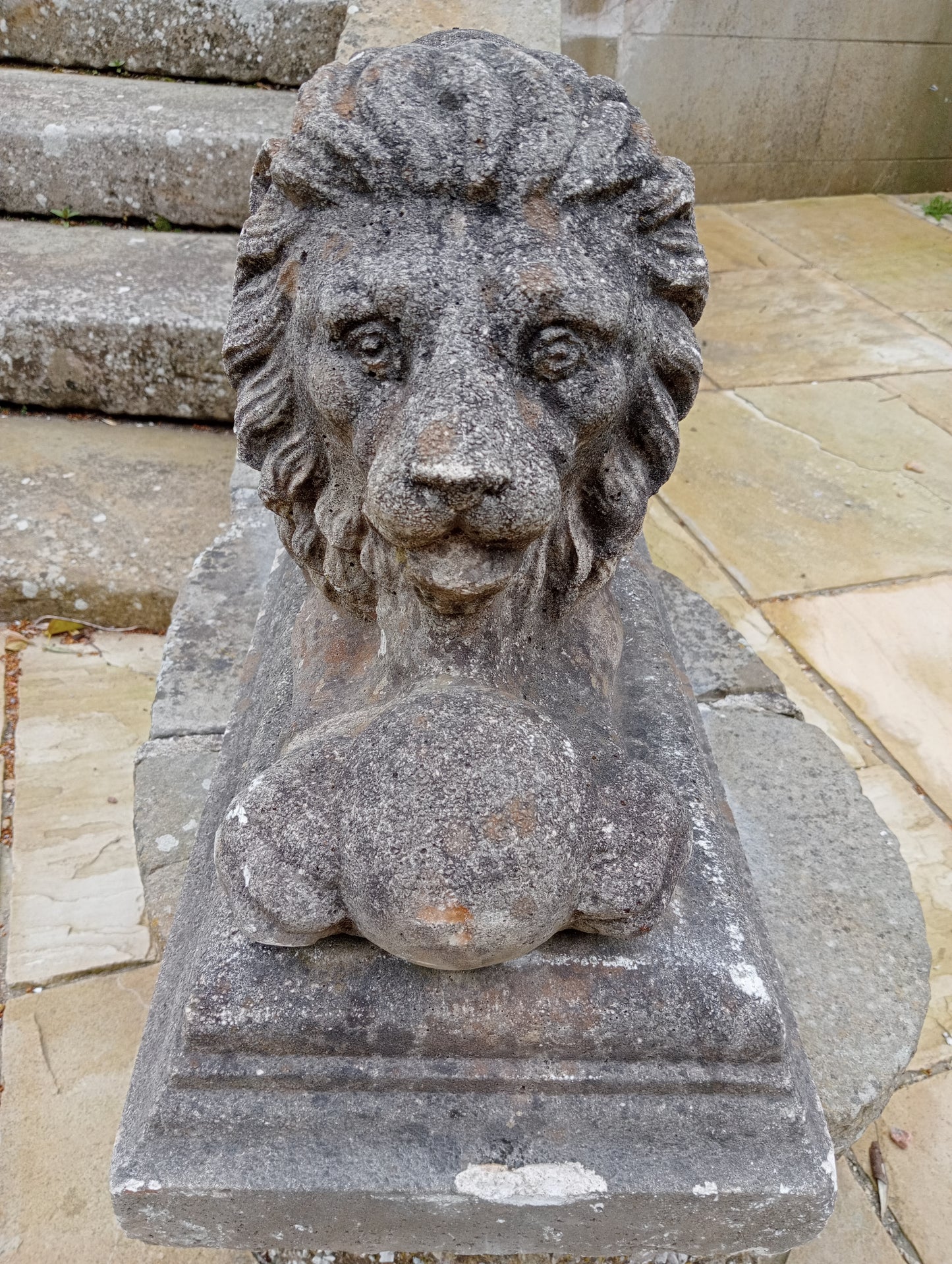 Pair of stone lions with ball