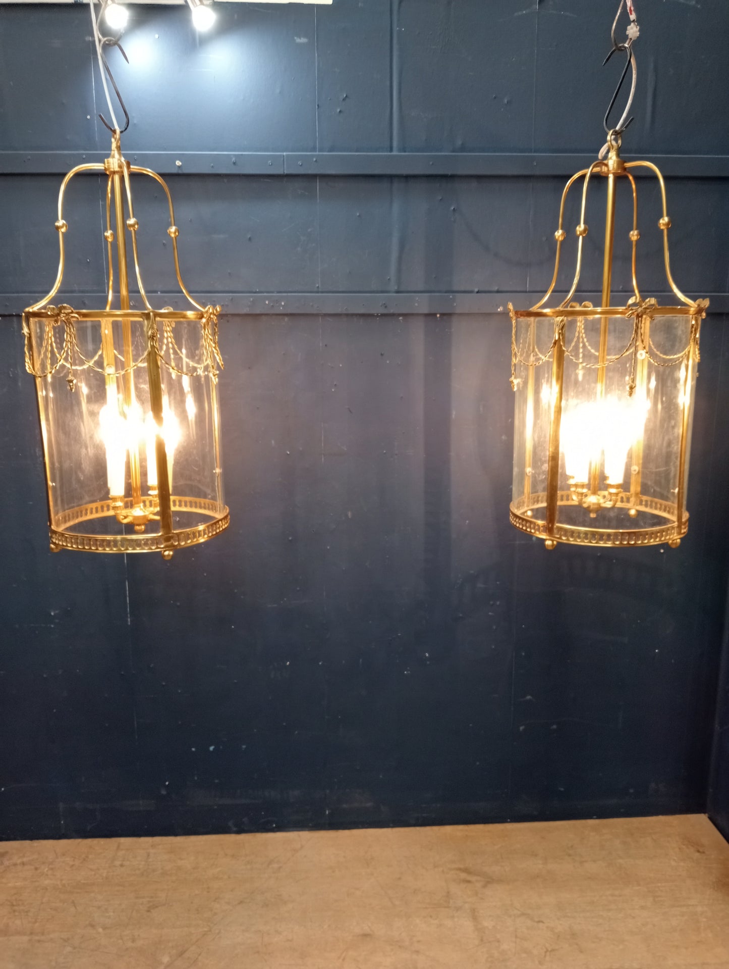 Pair of vintage sheraton style solid brass and glass circular hall lanterns