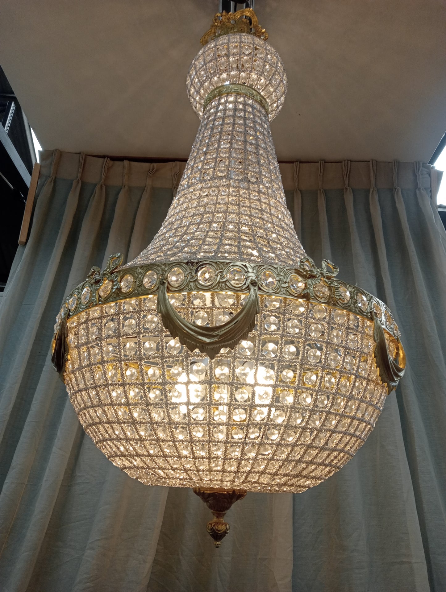 Pear drop cut glass and bronze chandelier- wired working