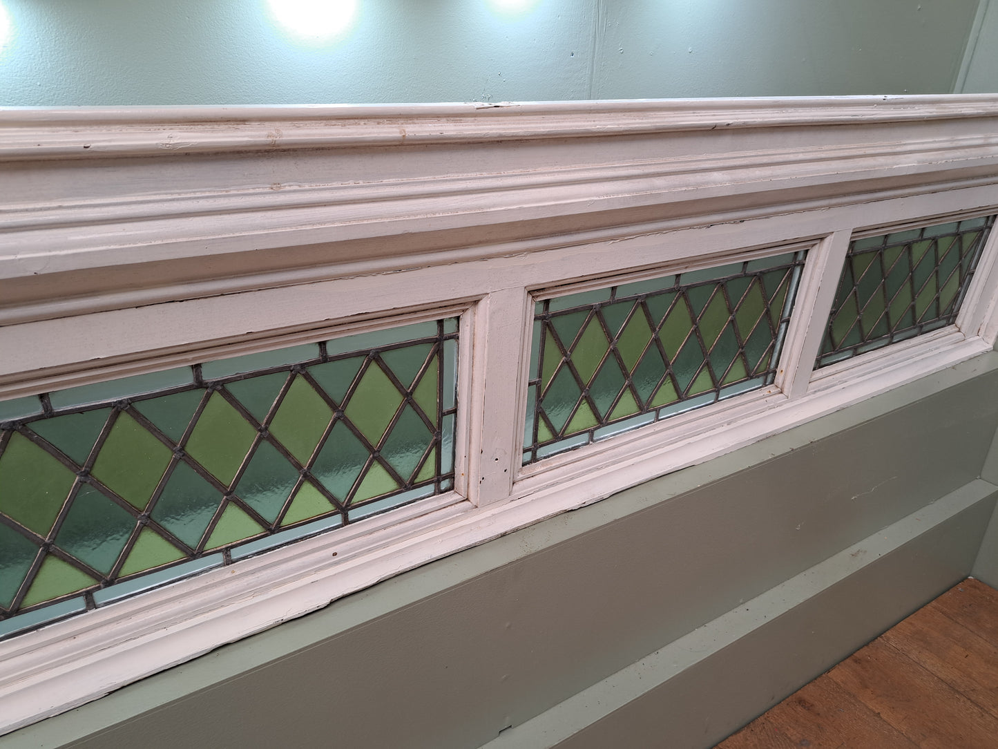 Pitch pine divider with 4 leaded stain glass windows double sided