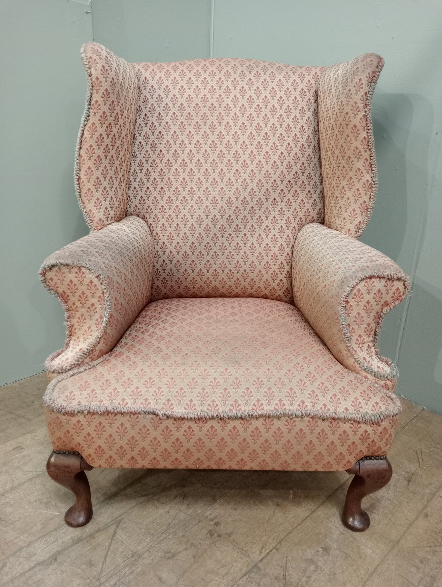 Queen Ann chair pink fabric wingback