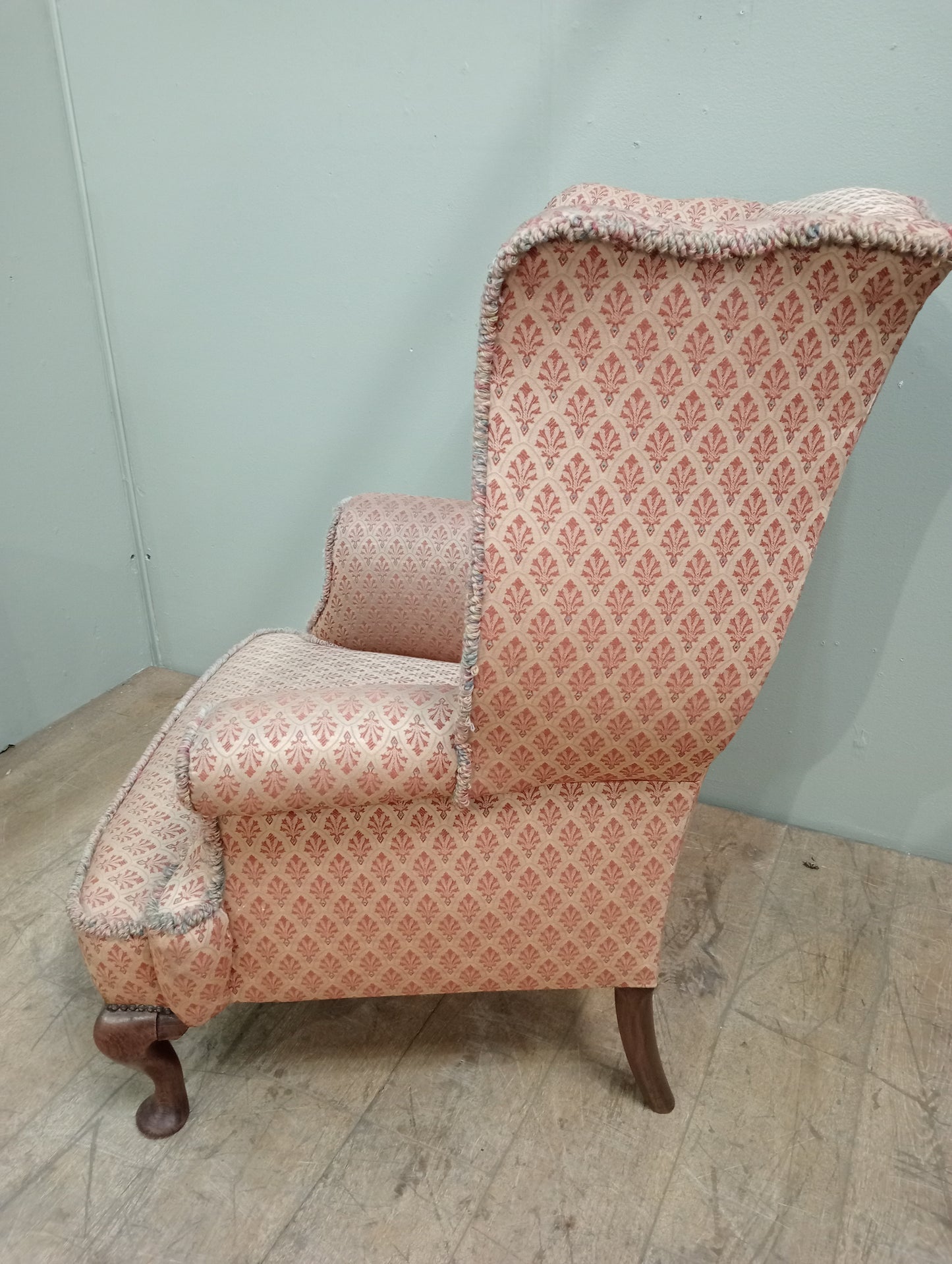 Queen Ann chair pink fabric wingback