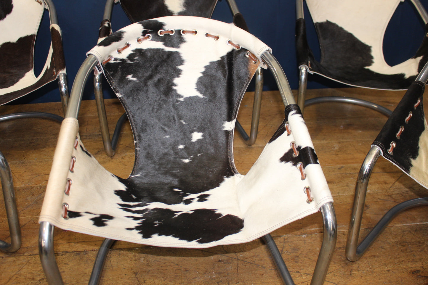 Set of 6 cowhide chrome tub retro Italian style chairs