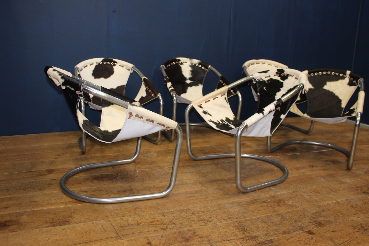 Set of 6 cowhide chrome tub retro Italian style chairs