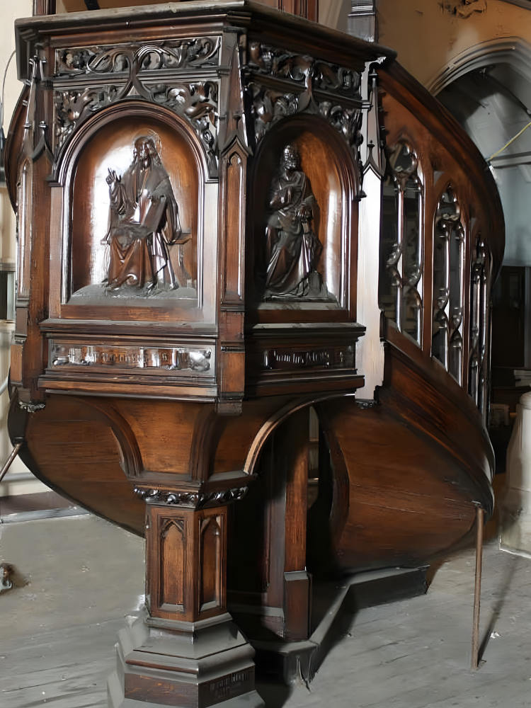 19th C neo gothic tall carved oak pulpit