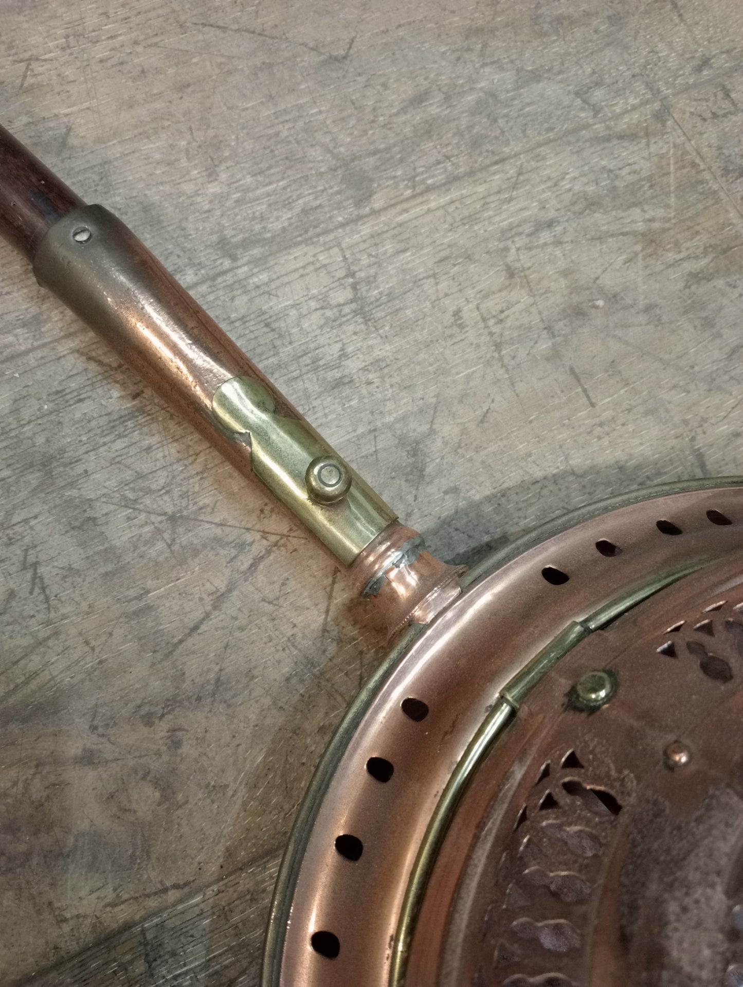 Victorian brass and copper bed warmer