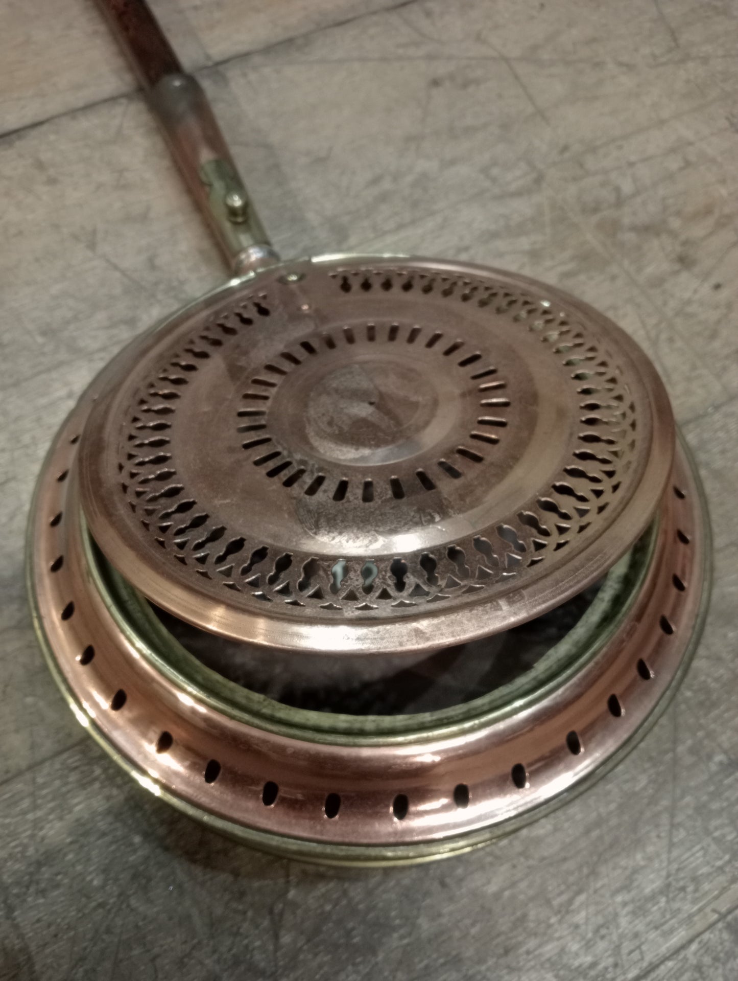 Victorian brass and copper bed warmer