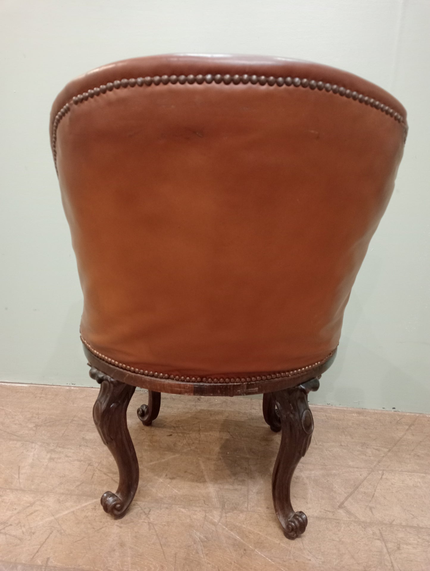 Victorian walnut swival library chair tan leather on scroll cabriole legs